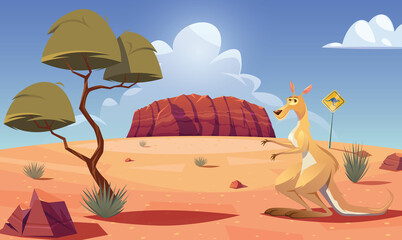 Australian kangaroo and Uluru sandstone.Australian landmark scene