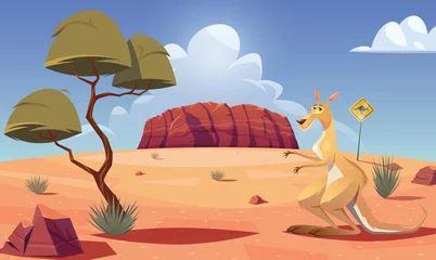 Poster Australian kangaroo and Uluru sandstone.Australian landmark scene © johnnyknez