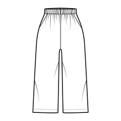 Bermuda shorts Activewear technical fashion illustration with elastic normal waist, high rise, pockets, Relaxed fit, calf length. Flat apparel template front, white color. Women men unisex CAD mockup