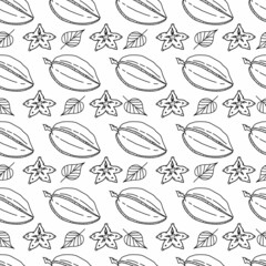 Beautiful vector seamless background with carambola. Pattern with tropical fruits black-white. Sweets of the tropics for packaging