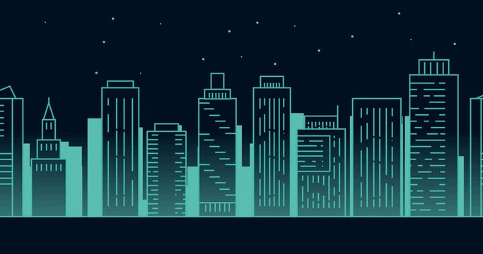 animated urban building background, with greenish neon outline