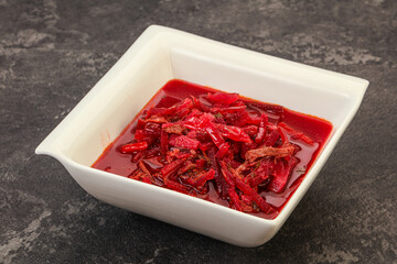 Russian traditional Borsch soup with cabbage