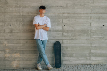 teen boy with skateboard on wall with copy space