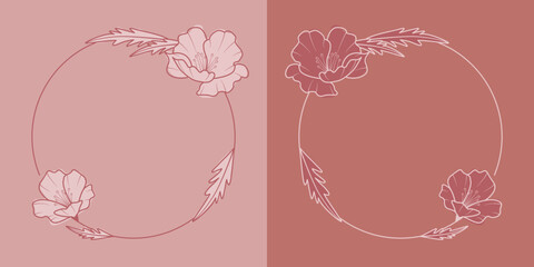 Okrągłe ramki z wzorem kwiatowym w prostym minimalistycznym stylu. Jasne pastelowe szablony z kwiatami - zaproszenia ślubne, życzenia, foto album, tło dla social media stories.