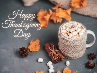 Happy Thanksgiving greetings greeting card with autumn hot chocolate in a cup with a knitted jacket