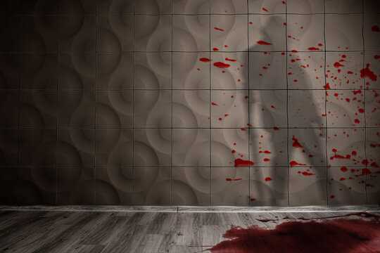 Shadow of murderer with axe on bloodstained wall in dark room