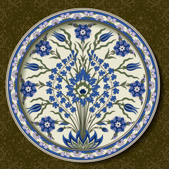 Decorative round floral pattern with bouquet of whimsical flowers. Ancient Persian style. Plate, arabesques. Seamless classic pattern as a background.