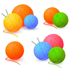 Balls of yarn threads. Bundles of wool for knitting, skeins of wool and knitting needles