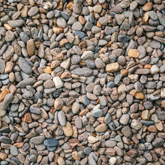 Various pebbles as solid background. Natural and random colored stones. Seamless cobbled river rocks.