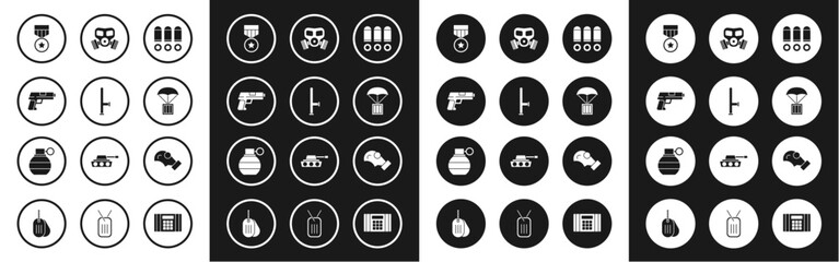 Set Bullet, Police rubber baton, Pistol or gun, Military reward medal, Airdrop box, Gas mask, and Hand grenade icon. Vector