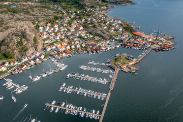High angle aerial view of coastal town Fjällbacka in Bohuslän Sweden