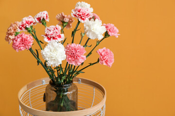 Vase with carnation flowers on color background