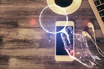 Multi exposure of creative drawing over table with phone. Top view. Concept of startup.