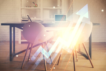 Double exposure of grow arrows and office interior background. Concept of Growth.