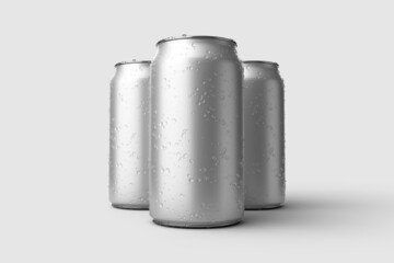 350ml Energy drink soda can mockup template with water droplets, isolated on light grey background....