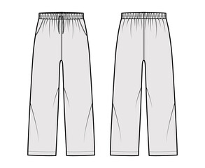 Pull-On Pants Sport technical fashion illustration with elastic low waist, rise, drawstrings, pockets, ankle length. Flat bottom apparel template front, back, white grey color. Women unisex CAD mockup