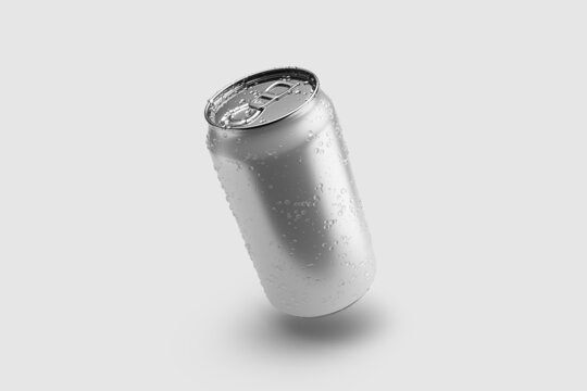 350ml Energy Drink Soda Can Mockup Template With Water Droplets, Isolated On Light Grey Background. High Resolution.