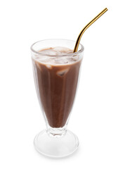 Glass of tasty chocolate milk on white background