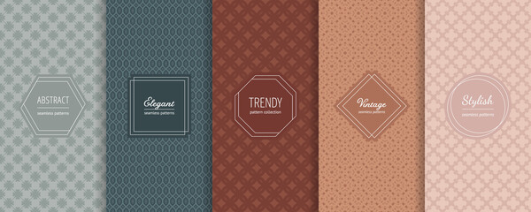 Vector set of geometric seamless patterns in ethnic style. Abstract floral ornamental textures with elegant minimal labels. Luxury backgrounds collection in warm pastel colors. Boho style ornaments
