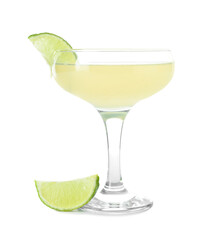 Fototapeta na wymiar Glass of tasty daiquiri cocktail on white background