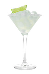 Glass of cold daiquiri cocktail on white background
