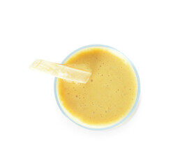 Glass of tasty banana daiquiri cocktail on white background