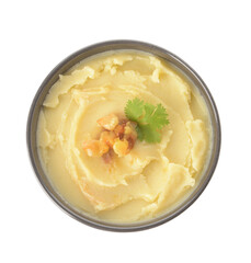 Bowl of tasty mashed potatoes with garlic on white background