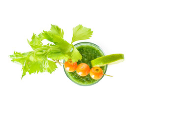 Glass of bloody Mary cocktail on white background