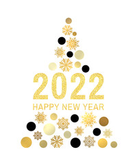 Happy New Year 2022 gold glittering greeting card on white background. Vintage abstract banner with tree circles snowflakes. Christmas holiday celebration decoration design. Golden vector illustration