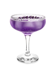 Glass of fresh cocktail with lavender on white background