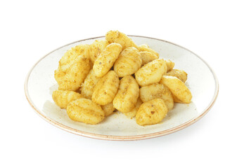 Plate with tasty pesto gnocchi on white background