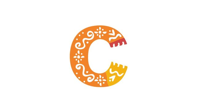 Letter С. Ethnic ornament, national pattern in letter. 3 colors. 4K video. Isolated on white background. Cartoon Animation. Capital Letter С for education, erudition, ABC, software, interface game.