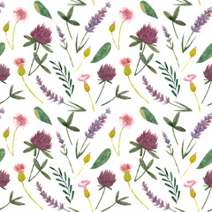 Fototapeta premium Whatercolor floral seamlees pattern whith handdrawn wild flowers. Pattern with clovers, lupins, and leaves. Whatercolor texture for wrapping paper, fabric, decor
