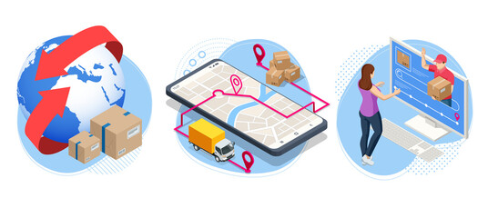 Isometric global logistics network. Air cargo, rail transportation, maritime shipping, warehouse, container ship, city skyline on the world map.