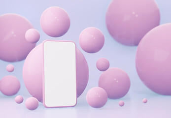 A mockup of a smartphone with an empty white screen on a pink background among the spheres. 3d rendering