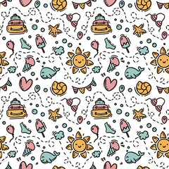 Summer doodles seamless pattern. Summer time. Sun. Whale. Ice cream. Luggage. Bubbles. Design for fabrics, wrapping paper, stationery. Nursery art