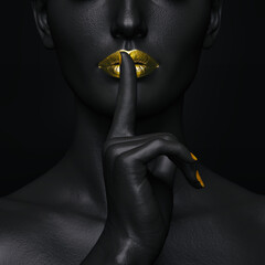 Mysterious Secrets. Close-up of a black female figure with her fingers over her golden lips in a gesture of silence,3D illustration - obrazy, fototapety, plakaty