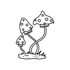 Amanita Muscaria (fly agaric) poisonous mushroom. Magic symbol of Halloween and witchcraft. Doodle style. Vector illustration on isolated background. For holiday invitations, print and web