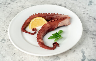 Boiled octopus tentacles on a light stone background