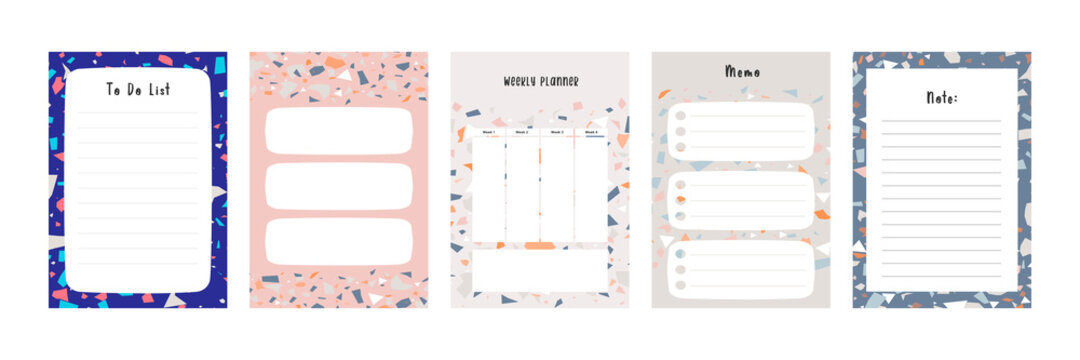 Set collection of colorful blank memo note letter file document diary book template layout with abstract terrazzo seamless pattern. Modern minimalistic trendy abstract background