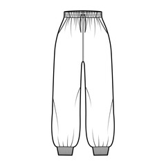 Shorts Sweatpants technical fashion illustration with elastic cuffs, normal waist, high rise, drawstrings, midi ankle length. Flat joggers trousers template front, white color. Women men unisex CAD