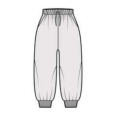 Shorts Sweatpants technical fashion illustration with elastic cuffs, normal waist, high rise, drawstrings, calf length. Flat joggers apparel template front, grey color. Women men unisex CAD mockup