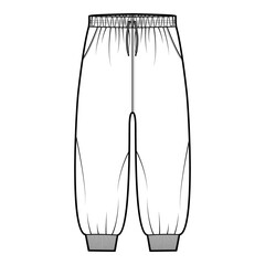 Shorts Sweatpants technical fashion illustration with elastic cuffs, low waist, rise, drawstrings, calf length. Flat training trousers apparel template front, white color. Women men unisex CAD mockup