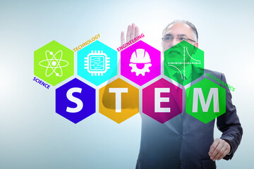 Businessman pressing virtual buttons in STEP education concept