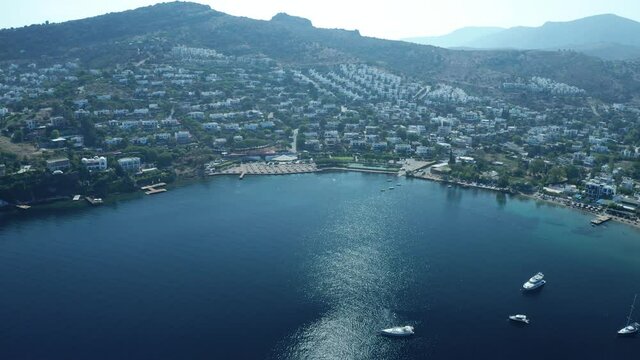 Amazing panoramic aerial 4k view from drone of beautiful bay of G�ndo_an and Yal�kavak in Bodrum on a bright and sunny day in Mugla province in Turkey