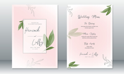  Luxury wedding invitation card template elegant of pink background with frame and green leaf