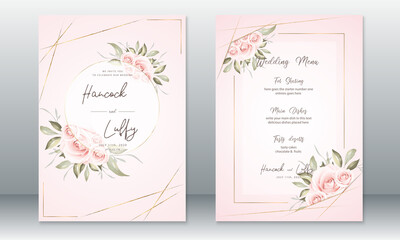  Luxury wedding invitation card template elegant of pink background with golden frame and rose bouquet