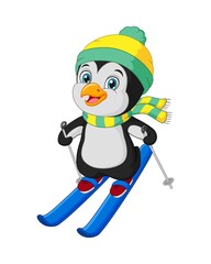 Cute little penguin skiing in winter clothes