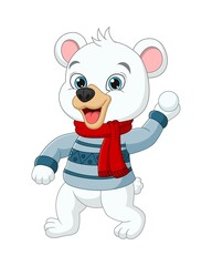 Cartoon polar bear in winter clothes throwing snowball