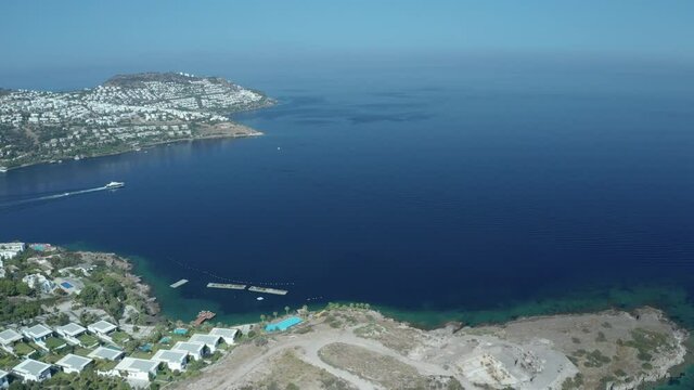 Amazing panoramic aerial 4k view from drone of beautiful bay of G�ndo_an and Yal�kavak in Bodrum on a bright and sunny day in Mugla province in Turkey